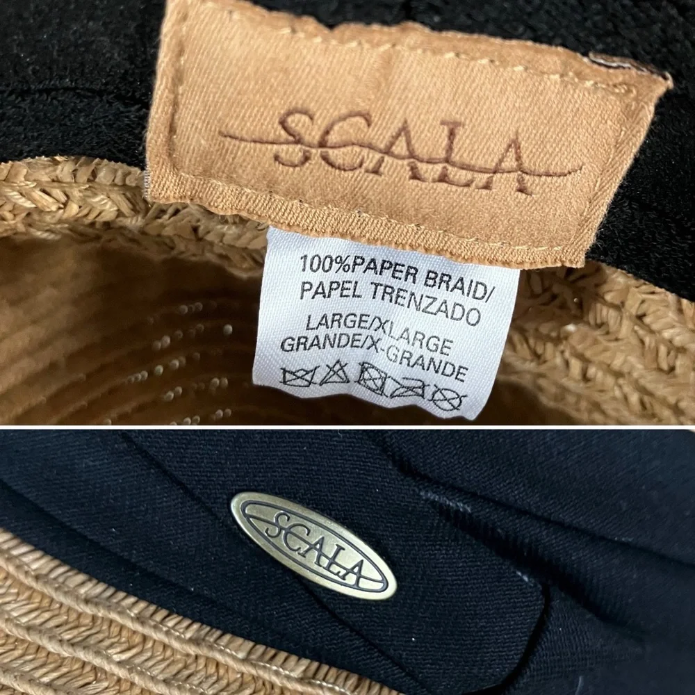 SCALA Faux Straw Sun Hat Size L/XL Black Band Beach Boho Cottagecore Resort
